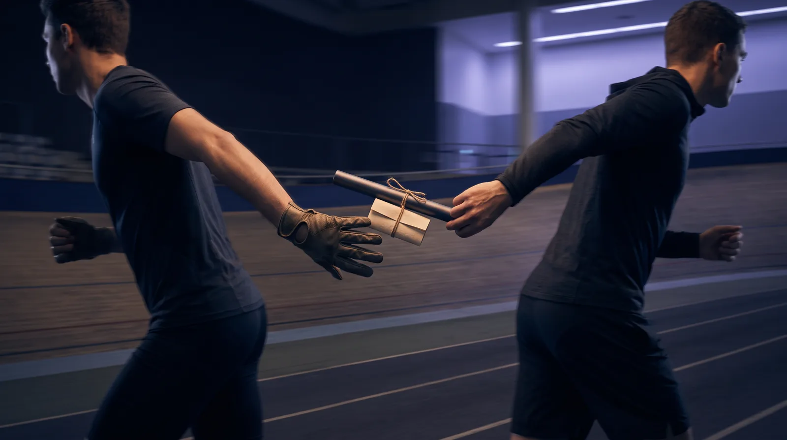 Two hands passing a relay baton with a folded note tied to it on an indoor running track