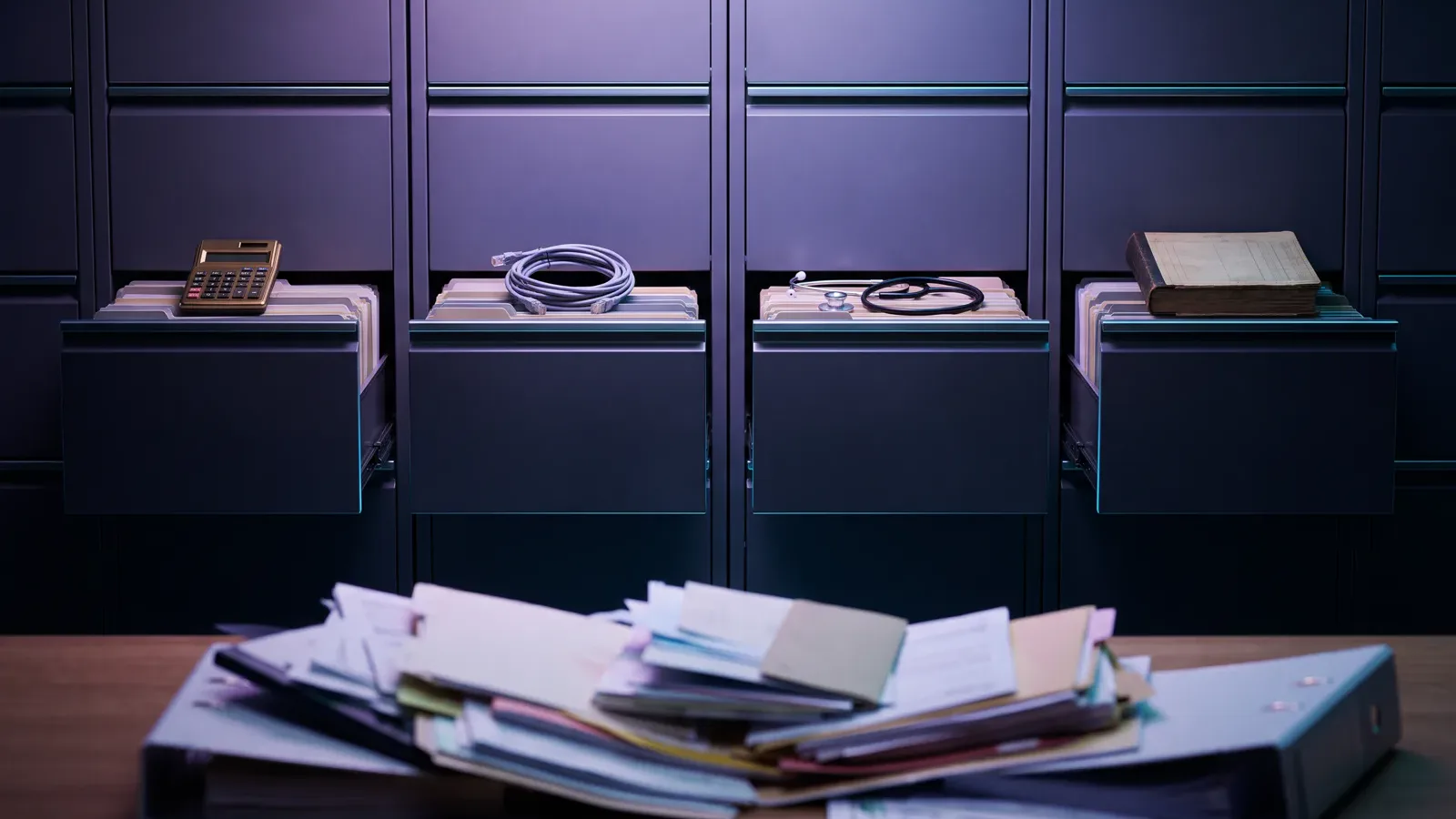 A wall of separate filing drawers, each marked by an object for one job, behind an out-of-focus heap of mixed papers on a desk.