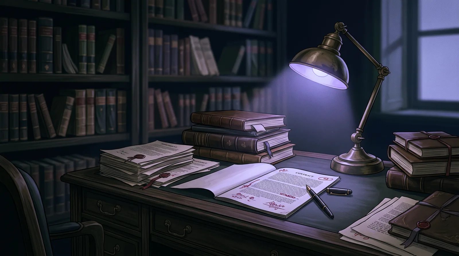 A dark wood desk stacked with contracts under a brass lamp, with a fountain pen beside a marked-up page